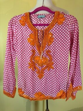 TAJ by Sabrina Crippa Pink Tunic with Orange Embroidery and sequins